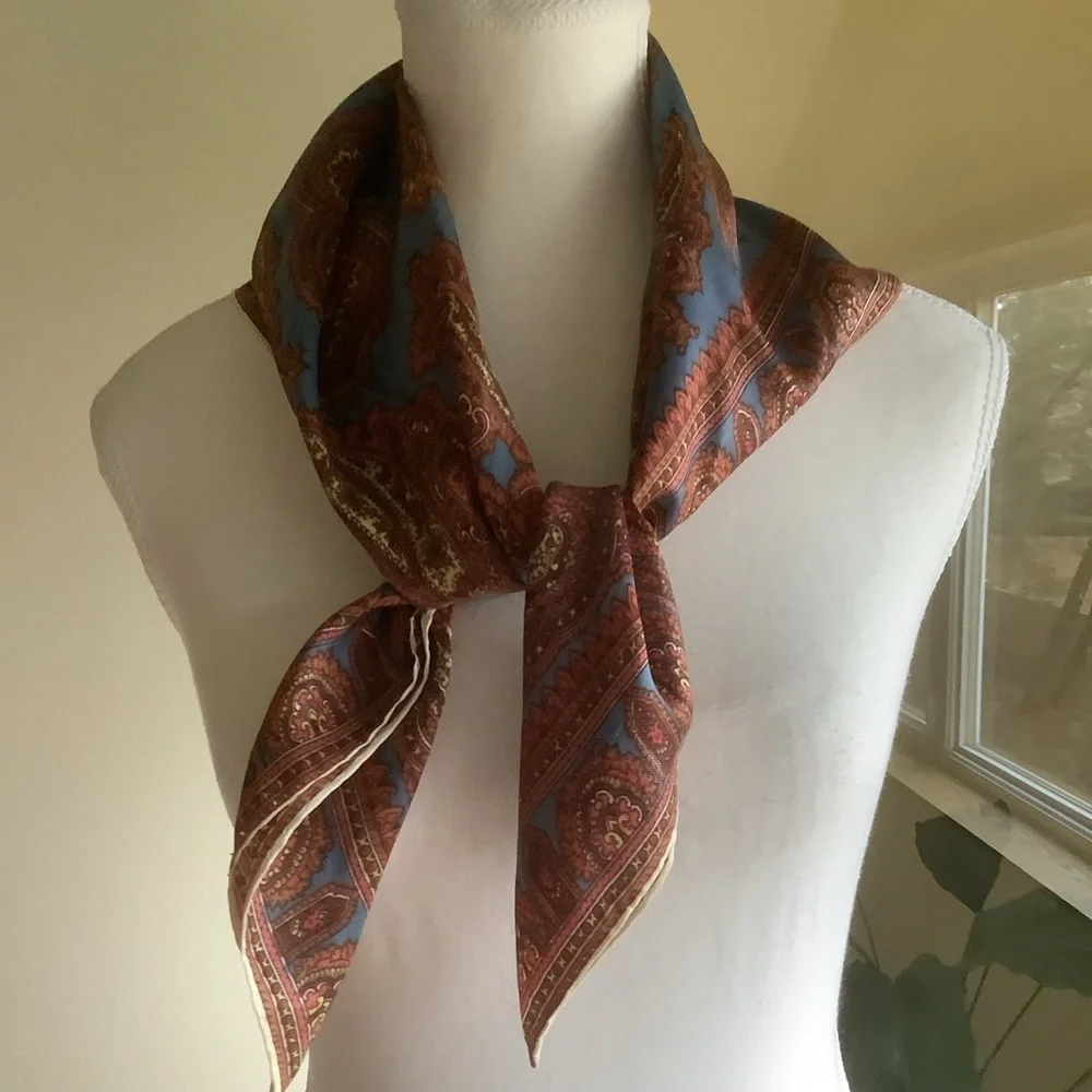 Blue/Bronze Paisley 27” Acetate Scarf Made in Japan